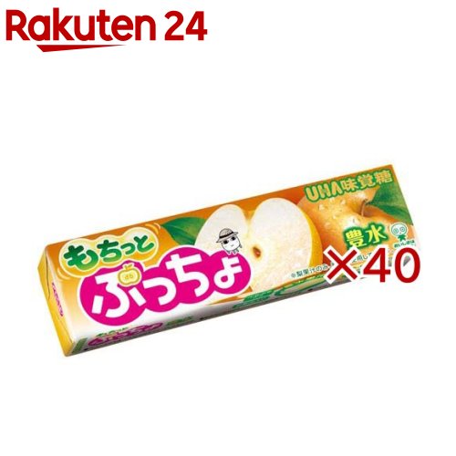 お店TOP＞フード＞お菓子＞飴・キャンディー＞キャンディー＞ぷっちょスティック もちっと豊水 (10粒入×40セット)【ぷっちょスティック もちっと豊水の商品詳細】★とろける食感●もちっとした食感が楽しめるソフトキャンディ。通常のぷっちょより、もっちりとコシのある食感に仕上げました。噛むごとに濃厚でジューシーな味わいを楽しめます。★豊水果汁＆ドライペアー●梨のブランド「豊水」の果汁を贅沢に使用しました。豊水ならではの濃厚な甘みと程よい酸味が織りなす奥行きのあるジューシーな味わいをお楽しみいただけます。●さらに、ドライペアーを入れることで、噛むほどに梨本来の芳醇な香りが広がる本格的なおいしさに仕上げました。【品名・名称】キャンディ【ぷっちょスティック もちっと豊水の原材料】水飴(国内製造)、砂糖、植物性加工油脂、殺菌乳酸菌飲料、ゼラチン、果糖ぶどう糖液糖、梨、植物油脂、梨果汁(豊水)／甘味料(ソルビトール)、酸味料、グリセリン、乳化剤、増粘多糖類、香料、セルロース、着色料(β-カロテン)、光沢剤、保存料(亜硫酸塩)、(一部に乳成分・ゼラチンを含む)【栄養成分】1粒(5.0g)あたりエネルギー：19kcal、たんぱく質：0.1g、脂質：0.3g、炭水化物：4.1g、食塩相当量：0.002g【アレルギー物質】乳・ゼラチン【保存方法】直射日光・高温多湿を避け、保存してください。【注意事項】・歯科治療材がとれる場合があるのでご注意ください。・一度に多量に摂ると、体質によってはお腹がゆるくなる場合があります。・パッケージの写真・イラストは味をイメージしたものです。・製品中の粒状のものは原料の梨由来のものです。・グミの入り方には、ばらつきがあります。【ブランド】ぷっちょ【発売元、製造元、輸入元又は販売元】UHA味覚糖※説明文は単品の内容です。リニューアルに伴い、パッケージ・内容等予告なく変更する場合がございます。予めご了承ください。・単品JAN：4902750958234UHA味覚糖639-1031 奈良県大和郡山市今国府町137-50120-653-910広告文責：楽天グループ株式会社電話：050-5577-5043[あめ・飴・キャンディ/ブランド：ぷっちょ/]