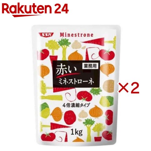 お店TOP＞フード＞加工食品・惣菜＞スープ・シチュー＞スープ全部＞赤いミネストローネ 業務用 4倍濃縮タイプ (1000g×2セット)【赤いミネストローネ 業務用 4倍濃縮タイプの商品詳細】●6種の具材(たまねぎ、じゃがいも、にんじん、キャベツ、セロリ、豚ひき肉)を使用したトマトベースのミネストローネです。●大容量の本格スープが3Lの水を加え、加熱するだけで手軽にお作りいただけます。(20〜25人前)【召し上がり方】中身を鍋に移し、本品1袋に対し、水3リットルを加えよくかき混ぜながら温めてお召し上がりください。【品名・名称】濃縮スープ【赤いミネストローネ 業務用 4倍濃縮タイプの原材料】野菜(たまねぎ(中国産)、じゃがいも、にんじん、キャベツ、セロリ、にんにく)、トマトペースト、豚肉、なたね油、食塩、チキンエキス、砂糖、ポークエキス、食用風味油、香辛料／増粘剤(加工デンプン)、調味料(アミノ酸等)、クエン酸、くん液【栄養成分】100g当たりエネルギー：77kcal、たんぱく質：2.6g、脂質：3.5g、炭水化物：8.7g、食塩相当量：3.0g【アレルギー物質】豚肉・鶏肉【保存方法】直射日光を避け、常温で保存してください。【発売元、製造元、輸入元又は販売元】清水食品※説明文は単品の内容です。リニューアルに伴い、パッケージ・内容等予告なく変更する場合がございます。予めご了承ください。・単品JAN：4901688705088清水食品静岡県静岡市清水区築地町11-260120-04-8189広告文責：楽天グループ株式会社電話：050-5577-5043[スープ]
