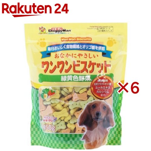 お店TOP＞ペット用品＞犬用食品(フード・おやつ)＞犬用おやつ(間食・スナック)＞ビスケット(犬用)＞おなかにやさしいワンワンビスケット 緑黄色野菜 (450g×6セット)【おなかにやさしいワンワンビスケット 緑黄色野菜の商品詳細】●3つの味わいを楽しみながら野菜の栄養が摂取できるビスケット●おなかの健康や歯や骨の健康をサポート●食物繊維、オリゴ糖配合【おなかにやさしいワンワンビスケット 緑黄色野菜の原材料】小麦粉、砂糖、タピオカでん粉、植物油脂、野菜(ほうれん草、にんじん、かぼちゃ)、ミルクパウダー、チコリ抽出物(食物繊維、オリゴ糖含有)、ミネラル類(ナトリウム、カルシウム)、膨張剤、香料、ユッカエキス、着色料(黄4、黄5、青1)【栄養成分】粗たんぱく質・・・7.5％以上粗脂肪・・・7.5％以上粗繊維・・・1.5％以下粗灰分・・・4.5％以下水分・・・10.0％以下【原産国】タイ【ブランド】ドギーマン(Doggy Man)【発売元、製造元、輸入元又は販売元】ドギーマンハヤシこちらの商品は、ペット用の商品です。※説明文は単品の内容です。リニューアルに伴い、パッケージ・内容等予告なく変更する場合がございます。予めご了承ください。・単品JAN：4976555819939ドギーマンハヤシ537-0002 大阪府大阪市東成区深江南1-16-140120-086-192広告文責：楽天グループ株式会社電話：050-5577-5043[犬用品/ブランド：ドギーマン(Doggy Man)/]