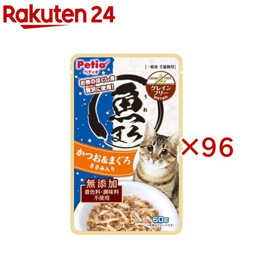 お店TOP＞ペット用品＞猫用食品(フード・おやつ)＞キャットフード(猫缶・パウチ・一般食)＞キャットフード(レトルト・パウチ)＞魚まろ かつお＆まぐろ ささみ入り (60g×96セット)【魚まろ かつお＆まぐろ ささみ入りの商品詳細】●お魚のほぐし身を贅沢に使用したウェットフードです。ささみ入り。●温めると一層美味しくなります。●グレインフリー穀物不使用。●着色料・調味料不使用。【魚まろ かつお＆まぐろ ささみ入りの原材料】かつお、まぐろ、ささみ、増粘安定剤(カラギーナン)【栄養成分】たん白質：11.0％以上、脂質：0.1％以上、粗繊維：1.0％以下、灰分：2.5％以下、水分：85.0％以下、エネルギー：65kcal／100g【保存方法】※直射日光・高温多湿の場所をさけて保存してください。※開封後は他の容器に移して冷蔵庫で保存し、賞味期限に関わらずなるべく早くお与えください。【原産国】フィリピン【ブランド】ペティオ(Petio)【発売元、製造元、輸入元又は販売元】ペティオこちらの商品は、ペット用の商品です。※説明文は単品の内容です。商品に関するお電話でのお問合せは、下記までお願いいたします。ペティオ：0120-133-035アドメイト：0120-133-077リニューアルに伴い、パッケージ・内容等予告なく変更する場合がございます。予めご了承ください。・単品JAN：4903588146527ペティオ東京都港区芝1-10-11広告文責：楽天グループ株式会社電話：050-5577-5043[猫用品/ブランド：ペティオ(Petio)/]