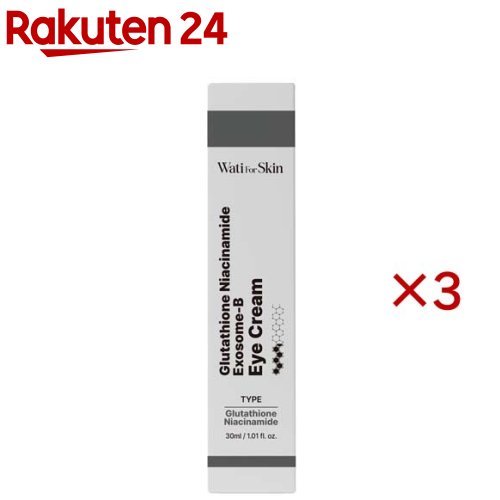お店TOP＞化粧品＞乳液・クリーム＞クリーム＞目元クリーム(アイクリーム)＞Wati For Skin グルタチオン・ナイアシンアミド エクソソーム-B アイクリーム (30ml×3セット)商品区分：化粧品【Wati For Skin グルタチオン・ナイアシンアミド エクソソーム-B アイクリームの商品詳細】健やかな肌状態をサポートするスキンケアブランド。さまざまな肌タイプや細かい肌悩みに合わせセレクトできるよう、健やかな肌づくりをサポートする製品をお届けします。グルタチオン※1・ナイアシンアミド※1配合のアイクリームで、明るくいきいきとした印象の目元を目指したい方に。※1 すべて皮膚コンディショニング剤【販売名】WFSアイクリーム【使用方法】指先に適量をとり、目元などの気になる部分にやさしくなじませてください。【成分】水、ヒマワリ種子油、エチルヘキサン酸セチル、グリセリン、ミツロウ、ナイアシンアミド、ステアリン酸グリセリル、ポリソルベート60、シア脂、セテアリルアルコール、PG、グルタチオン、乳酸桿菌培養液、ツボクサ葉小胞、セスキオレイン酸ソルビタン、ステアリン酸PEG-100、ジメチコン、エチルヘキシルグリセリン、カプリル酸グリセリル、アルギニン、カルボマー、乳酸桿菌細胞外小胞、アデノシン、パンテノール、カタツムリ分泌液、ツボクサエキス、カミツレ花エキス、ローズマリー葉エキス、メマツヨイグサ種子エキス、チャ葉エキス、1、2-ヘキサンジオール【注意事項】・お肌に異常が生じていないかよく注意して使用ください。・化粧品がお肌に合わないとき即ち次のような場合には、使用を中止して下さい。そのまま化粧品類の使用を続けますと、症状を悪化させることがありますので、皮膚科専門医等にご相談されることをおすすめします。(1)使用中、赤み、はれ、かゆみ、刺激、色抜け(白斑等)や黒ずみなどの異常があらわれた場合。(2)使用したお肌に、直接日光が当たって上記のような異常があらわれた場合。・傷やはれもの、しっしん等、異常のある部位にはお使いにならないでください。・乳幼児の手の届く場所、直接日光の当たる場所、高温多湿または極端に低温になる場所には置かないでください。・目に入らないようご注意ください。入った場合はこすらずにすぐに洗い流してください。・目に異物感が残る場合は、眼科医にご相談ください。・衣類などにつかないようにご注意ください。【原産国】韓国【ブランド】Wati For Skin(ワティ フォー スキン)【発売元、製造元、輸入元又は販売元】MIK※説明文は単品の内容です。リニューアルに伴い、パッケージ・内容等予告なく変更する場合がございます。予めご了承ください。・単品JAN：8809679095797MIK〒102-0082 東京都千代田区一番町15-8 壱番館ビル 3階03-6264-4980広告文責：楽天グループ株式会社電話：050-5577-5043[クリーム/ブランド：Wati For Skin(ワティ フォー スキン)/]