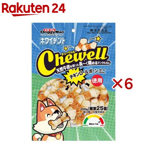 お店TOP＞ペット用品＞犬用食品(フード・おやつ)＞犬用おやつ(間食・スナック)＞デンタルおやつ(犬用)＞ドギーマン ホワイデント Chewell チキンロールボーンミニ (200g×6セット)【ドギーマン ホワイデント Chewell チキンロールボーンミニの商品詳細】●天然牛皮を原料に使った小さな骨型ガムに鶏むね肉を巻きつけたおいしいガム。●鶏むね肉の風味で歯みがきガムが苦手な子も、はじめての子も美味しく長く噛めるガム。●ベースにはしっかり噛み応えがあるガムを使用。ヒドロキシアパタイト、緑茶粉末配合。●大切な歯の健康維持に、ガムをしっかり噛むことで歯垢を絡め取り、唾液の分泌を促進。歯垢を除去して口臭を予防。●大切な愛犬に。保存料・着色料・発色剤・酸化防止剤不使用の無添加良品品質。【用法 用量】1日の目安給与量幼犬(生後2カ月以降)：×超小型成犬(5kg以下)：〜2個幼犬・超小型成犬(5kg以下)：×小型成犬(5〜11kg)：2〜4個中型成犬(11〜23kg)：4〜6個大型成犬(23〜40kg)：6〜8個幼猫：×、成猫：×、小動物：×【召し上がり方】目安給与量を参考に1日1〜数回に分け、おやつとして与えてください。【ドギーマン ホワイデント Chewell チキンロールボーンミニの原材料】牛皮、鶏むね肉、でん粉類、ハイドロキシアパタイト、緑茶粉末【栄養成分】成分／粗たん白質：37.5％以上、粗脂肪：2％以上、粗繊維：1％以下、粗灰分：4％以下、水分：20％以下【保存方法】・お買い上げ後は直射日光、高温多湿の場所を避けて保存してください。・開封後は密封の上冷蔵し、賞味期限に関わらず早めに与えてください。【原産国】中国【ブランド】ホワイデント【発売元、製造元、輸入元又は販売元】ドギーマンハヤシこちらの商品は、ペット用の商品です。※説明文は単品の内容です。リニューアルに伴い、パッケージ・内容等予告なく変更する場合がございます。予めご了承ください。・単品JAN：4976555827538ドギーマンハヤシ537-0002 大阪府大阪市東成区深江南1-16-140120-086-192広告文責：楽天グループ株式会社電話：050-5577-5043[犬用品/ブランド：ホワイデント/]