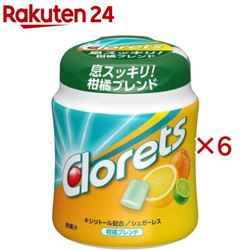 お店TOP＞フード＞お菓子＞ガム・グミ＞ボトルガム(ボックスガム)＞クロレッツXP 柑橘ブレンドボトル (130g×6セット)【クロレッツXP 柑橘ブレンドボトルの商品詳細】●オレンジ・タンジェリンの甘み、レモン・グレープフルーツの爽やかな酸味、そしてライムのほろ苦いアクセント、を贅沢に配合した5種の柑橘黄金ブレンド。●単一の果実では出せない、奥行きのあるフルーティーな味わいを実現。●フレーバーの味わいがありつつも、クロレッツの特長である「息スッキリ」のリフレッシュメント感も感じられる。【品名・名称】シュガーレス粒ガム【クロレッツXP 柑橘ブレンドボトルの原材料】マルチトール(中国製造、タイ製造)、還元水飴、食用油脂、緑茶エキス／甘味料(ソルビトール、キシリトール、アセスルファムK、スクラロース)、ガムベース、アラビアガム、香料、酸味料、マンニトール、ステアリン酸Ca、レシチン、植物ワックス、着色料(クチナシ、銅葉緑素)、(一部に大豆を含む)【栄養成分】1粒当たり熱量：3kcal、たんぱく質：0g、脂質：0.01g、炭水化物：1g(糖類0g)、食塩相当量：0.0003g／キシリトール：0.02g【アレルギー物質】大豆【保存方法】直射日光や高温多湿を避けしっかりフタをして保管の上開封後はお早めにお召し上がりください。【注意事項】・一度に多量に食べると、体質によりお腹がゆるくなることがあります。・容器に衝撃を与えると中のガムがかけることがあります。・ガム表面の濃い色の粒は原料由来です。・小さいフタが閉まりづらい場合、フタの左右を押してください。また、取れた場合に小さなお子様が誤って飲み込む恐れがありますので、ご使用をお控えください。・本品製造工場では乳成分を含む製品を生産しています。【ブランド】クロレッツ【発売元、製造元、輸入元又は販売元】モンデリーズ・ジャパン※説明文は単品の内容です。リニューアルに伴い、パッケージ・内容等予告なく変更する場合がございます。予めご了承ください。・単品JAN：4547894156872モンデリーズ・ジャパン140-0002 東京都品川区東品川4丁目12番8号 品川シーサイドイーストタワー13階0120-199561広告文責：楽天グループ株式会社電話：050-5577-5043[ガム・グミ・ゼリー/ブランド：クロレッツ/]