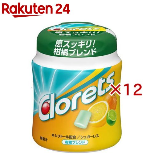 お店TOP＞フード＞お菓子＞ガム・グミ＞ボトルガム(ボックスガム)＞クロレッツXP 柑橘ブレンドボトル (130g×12セット)【クロレッツXP 柑橘ブレンドボトルの商品詳細】●オレンジ・タンジェリンの甘み、レモン・グレープフルーツの爽やかな酸味、そしてライムのほろ苦いアクセント、を贅沢に配合した5種の柑橘黄金ブレンド。●単一の果実では出せない、奥行きのあるフルーティーな味わいを実現。●フレーバーの味わいがありつつも、クロレッツの特長である「息スッキリ」のリフレッシュメント感も感じられる。【品名・名称】シュガーレス粒ガム【クロレッツXP 柑橘ブレンドボトルの原材料】マルチトール(中国製造、タイ製造)、還元水飴、食用油脂、緑茶エキス／甘味料(ソルビトール、キシリトール、アセスルファムK、スクラロース)、ガムベース、アラビアガム、香料、酸味料、マンニトール、ステアリン酸Ca、レシチン、植物ワックス、着色料(クチナシ、銅葉緑素)、(一部に大豆を含む)【栄養成分】1粒当たり熱量：3kcal、たんぱく質：0g、脂質：0.01g、炭水化物：1g(糖類0g)、食塩相当量：0.0003g／キシリトール：0.02g【アレルギー物質】大豆【保存方法】直射日光や高温多湿を避けしっかりフタをして保管の上開封後はお早めにお召し上がりください。【注意事項】・一度に多量に食べると、体質によりお腹がゆるくなることがあります。・容器に衝撃を与えると中のガムがかけることがあります。・ガム表面の濃い色の粒は原料由来です。・小さいフタが閉まりづらい場合、フタの左右を押してください。また、取れた場合に小さなお子様が誤って飲み込む恐れがありますので、ご使用をお控えください。・本品製造工場では乳成分を含む製品を生産しています。【ブランド】クロレッツ【発売元、製造元、輸入元又は販売元】モンデリーズ・ジャパン※説明文は単品の内容です。リニューアルに伴い、パッケージ・内容等予告なく変更する場合がございます。予めご了承ください。・単品JAN：4547894156872モンデリーズ・ジャパン140-0002 東京都品川区東品川4丁目12番8号 品川シーサイドイーストタワー13階0120-199561広告文責：楽天グループ株式会社電話：050-5577-5043[ガム・グミ・ゼリー/ブランド：クロレッツ/]