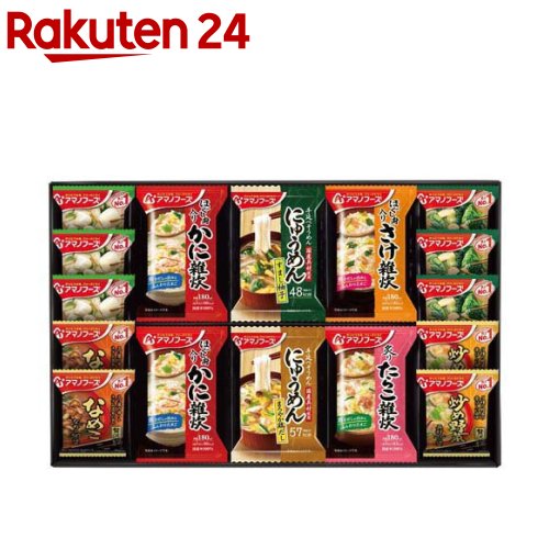 お店TOP＞フード＞加工食品・惣菜＞フリーズドライ食品＞フリーズドライ(味噌汁)＞アマノフーズ バラエティギフト 300V (1セット)【アマノフーズ バラエティギフト 300Vの商品詳細】●こだわりの素材を使用した商品をメインに組み立てたギフトセットです。バラエティに富んだ内容で、幅広い年代の方に楽しんでいただくことができます。●こだわりのある商品を贈りたいと考えている方や幅広い年齢層の方に喜ばれるものを贈りたいと考えている方におすすめです。【セット詳細】いつものおみそ汁贅沢(なめこ(1食／9g)、炒め野菜(1食／11g))×各2食、いつものおみそ汁(長ねぎ(1食／9g)、ほうれん草(1食／7g))×各3食、雑炊(かに(1食／20.5g))×2食、(さけ(1食／20.7g)、たらこ(1食／21g))×各1食、にゅうめん(すまし柚子(1食／13g)、まろやか鶏だし(1食／15g))×各1食 計9種 16食【品名・名称】長ねぎ、ほうれん草、贅沢なめこ、贅沢炒め野菜：即席みそ汁(乾燥タイプ)にゅうめん柚子、にゅうめん鶏だし：乾燥にゅうめんかに雑炊、さけ雑炊、たらこ雑炊：乾燥ぞうすい【栄養成分】★長ねぎ 1食分(9g)当たりエネルギー：32kcal、たんぱく質：2.0g、脂質：0.92g、炭水化物：3.9g、食塩相当量：1.6g★ほうれん草 1食分(7g)当たりエネルギー：25kcal、たんぱく質：1.8g、脂質：0.74g、炭水化物：2.8g、食塩相当量：1.4g★贅沢なめこ 1食分(9g)当たりエネルギー：31kcal、たんぱく質：2.0g、脂質：0.67g、炭水化物：4.2g、食塩相当量：1.7g★贅沢炒め野菜 1食分(11g)当たりエネルギー：42kcal、たんぱく質：2.1g、脂質：1.5g、炭水化物：5.1g、食塩相当量：1.9g★かに雑炊 1食分(20.5g)あたりエネルギー：80kcal、たんぱく質：3.6g、脂質：1.1g、炭水化物：14g、食塩相当量：1.4g★さけ雑炊 1食分(20.7g)当たりエネルギー：81kcal、たんぱく質：3.8g、脂質：1.1g、炭水化物：14g、食塩相当量：1.5g★たらこ雑炊 1食分(21g)当たりエネルギー：83kcal、たんぱく質：3.8g、脂質：0.83〜1.9g、炭水化物：14g、食塩相当量：1.6g★にゅうめん柚子 1食分(13g)当たりエネルギー：48kcal、たんぱく質：2.2g、脂質：0.62g、炭水化物：8.4g、食塩相当量：1.1g★にゅうめん鶏だし 1食分(15g)当たりエネルギー：57kcal、たんぱく質：3.2g、脂質：0.81g、炭水化物：9.2g、食塩相当量：1.4g【アレルギー物質】長ねぎ：さば、大豆、魚介類ほうれん草：さば、大豆、魚介類贅沢なめこ：かに、小麦、乳、さば、大豆、魚介類贅沢炒め野菜：小麦、乳、ごま、さば、大豆、鶏肉、豚肉、魚介類かに雑炊：えび、かに、小麦、卵、大豆、鶏肉さけ雑炊：えび、小麦、卵、いか、さけ、大豆、鶏肉たらこ雑炊：小麦、卵、乳、大豆にゅうめん柚子：小麦、卵、大豆にゅうめん鶏だし：小麦、卵、大豆、鶏肉【保存方法】高温多湿の所を避け、常温で保存してください。【注意事項】長ねぎ：本品製造工場ではえび・かに・小麦・卵・乳成分を含む製品を生産しています。ほうれん草：本品製造工場ではえび・かに・小麦・卵・乳成分を含む製品を生産しています。贅沢なめこ：本品製造工場ではえび・卵を含む製品を生産しています。贅沢炒め野菜：本品製造工場ではえび・かに・卵を含む製品を生産しています。かに雑炊：本品製造工場では乳成分を含む製品を生産しています。さけ雑炊：本品製造工場ではかに・乳成分を含む製品を生産しています。たらこ雑炊：本品製造工場ではえび・かにを含む製品を生産しています。にゅうめん柚子：本品製造工場ではえび・かに・乳成分を含む製品を生産しています。にゅうめん鶏だし：本品製造工場ではえび・かに・乳成分を含む製品を生産しています。【原産国】日本【ブランド】アマノフーズ【発売元、製造元、輸入元又は販売元】アサヒグループ食品(アマノフーズ)リニューアルに伴い、パッケージ・内容等予告なく変更する場合がございます。予めご了承ください。アサヒグループ食品(アマノフーズ)130-8602 東京都墨田区吾妻橋1-23-1 アサヒグループ本社ビル0120-630611広告文責：楽天グループ株式会社電話：050-5577-5043[スープ/ブランド：アマノフーズ/]