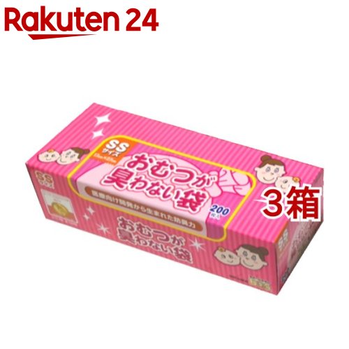 お店TOP＞ベビー＆キッズ＞おむつ＞おしりふき・おむつ用品＞おむつ用ゴミ袋＞おむつが臭わない袋BOS ベビーSS (200枚入*3箱セット)【おむつが臭わない袋BOS ベビーSSの商品詳細】●医療開発の過程で生まれた素材で強い防臭力を発揮。●においの元を袋に入れて袋口を閉じるだけで臭いません。●柔らかい素材なので、入れた後の結びも簡単。【規格概要】袋のサイズ：SSサイズ(17*27cm) 袋の色：ピンク素材：ポリエチレン他【注意事項】・結び目よりも上に汚れがついた場合は臭いを防ぐことはできません・突起物等に触れた場合、材質上破れる場合がありますのでご注意ください。・火や高温になるもののそばには置かないでください。・窒息等の危険があるため、子供の手が届かないところに保管してください。・本来の使い方以外には使用しないでください。【原産国】日本【ブランド】防臭袋BOS【発売元、製造元、輸入元又は販売元】クリロン化成※説明文は単品の内容です。リニューアルに伴い、パッケージ・内容等予告なく変更する場合がございます。予めご了承ください。・単品JAN：4560224462856クリロン化成533-0003 大阪府大阪市東淀川区南江口1-3-2006-6327-8188広告文責：楽天グループ株式会社電話：050-5577-5043[おむつ/ブランド：防臭袋BOS/]