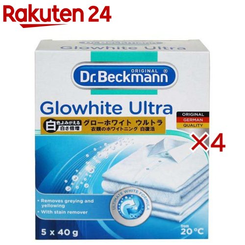 お店TOP＞日用品＞洗濯用品＞漂白剤＞漂白剤 衣類用＞Dr.ベックマン グローホワイト ウルトラ 蛍光増白剤 (5包入×4セット(1包40g))【Dr.ベックマン グローホワイト ウルトラ 蛍光増白剤の商品詳細】●従来品グローホワイトの白さをパワーアップさせた(白さ倍増)グローホワイト ウルトラ●紫外線を吸収すると青白く光る蛍光増白剤入り。酸素系漂白剤+蛍光増白剤の力で、白さ復活。●使い方は簡単。白い衣類を集め、サシェ1 包と洗剤を入れて洗濯するだけで、くすみや黄ばみを白く蘇らせます。●定期的な衣類のメンテナンスで、お気に入りの衣類が長く愛用できます。●洗濯習慣「衣類のホワイトニング」を提唱。【使用方法】(1)グローホワイトウルトラ1包を洗濯機に入れてください。その後、洗濯物を入れ、通常通り洗濯洗剤を入れてください。(2)洗濯中に包みからパウダーが溶けだします。洗濯が終わったら、残った包みを取り除き、燃えるゴミとして捨ててください。※水温が20度以上が効果的。水温が低い時は、バケツにお湯をはり、1包を入れて20分ぐらいつけ置き。そのお湯ごと洗濯機にいれ、通常通り洗濯洗剤を入れて洗濯してください。【成分】過炭酸ナトリウム(酸素系)、炭酸ナトリウム、増量剤(硫酸ナトリウム)、陰イオン系界面活性剤、蛍光増白剤【注意事項】・必ずあらかじめ衣類の洗濯表示、洗濯機の取り扱い説明書をご確認ください。・上下セットなどの衣類は、必ず一緒に洗ってください。・必ず洗濯洗剤と一緒にご使用ください。・洗濯終了後は、必ず包みを取り除いてください。・水洗い可能な白い衣類のみにご使用ください。・20度〜95度の水温に対応。お湯を使うとより効果的です。・粉末の粒子が細かいため、包みから漏れている場合がございますが、使用には問題ございませんので、安心してご使用ください。・子どもの手に届くところに置かないでください。・万一目に入った場合は、すぐに数分間洗い流してください。・コンタクトレンズをしている場合は、すぐに取り外してください。洗える場合は洗ってください。・万一飲み込んだ場合は、口をすすぎたくさん水を飲む等の応急処置を行い、医師に相談してください。・高温を避け湿気の少ない涼しい場所に保管してください。【原産国】イギリス【ブランド】ドクターベックマン【発売元、製造元、輸入元又は販売元】E.OCT※説明文は単品の内容です。リニューアルに伴い、パッケージ・内容等予告なく変更する場合がございます。予めご了承ください。・単品JAN：4008455545813E.OCT150-0001 東京都渋谷区神宮前5-38-1503-3406-6369広告文責：楽天グループ株式会社電話：050-5577-5043[漂白剤・ブリーチ剤/ブランド：ドクターベックマン/]