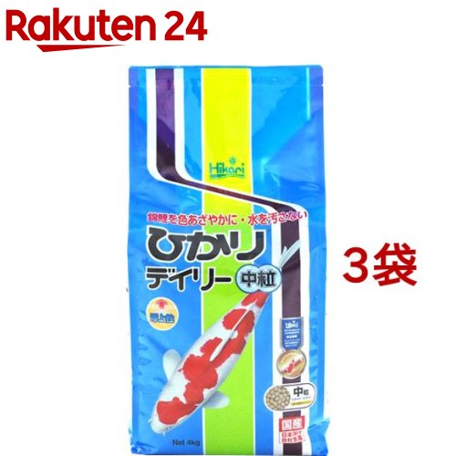 お店TOP＞ペット用品＞観賞魚・アクアリウム用品＞観賞魚・魚フード＞錦鯉用フード＞ひかり デイリー 中粒 (4kg*3袋セット)お一人様1セットまで。【ひかり デイリー 中粒の商品詳細】●着色料を一切使用していませんので、着色料によって池や水槽の水に色が付きません。●錦鯉の成長に必要な栄養をバランスよく配合。「ひかりデイリー」だけで鯉が健康に育ちます。●原料配合から包装まで徹底した合理化による非常に経済的な飼料です。【ひかり デイリー 中粒の原材料】小麦粉、大豆ミール、フィッシュミール、米ぬか、小麦ふすま、濃縮アルファルファ、グルテンミール、わかめ、シルクワームミール、魚油、ビール酵母、海藻粉末、ビタミン類（塩化コリン、E、C、B5、B2、A、B1、B6、B3、K、葉酸、D3、ビオチン）、ミネラル類（P、Fe、Mg、Zn、Mn、Co、Cu、I、Se）【成分】粗タンパク質：30.0％以上粗脂肪：3.0％以上粗繊維：5.0％以下粗灰分：12.0％以下水分：10.0％以下リン：0.7％以上【原産国】日本【ブランド】ひかり【発売元、製造元、輸入元又は販売元】キョーリンこちらの商品は、ペット用の商品です。※説明文は単品の内容です。リニューアルに伴い、パッケージ・内容等予告なく変更する場合がございます。予めご了承ください。(4000g)・単品JAN：4971618383785キョーリン兵庫県姫路市白銀町9番地079-289-3739広告文責：楽天グループ株式会社電話：050-5577-5043[アクアリウム用品/ブランド：ひかり/]