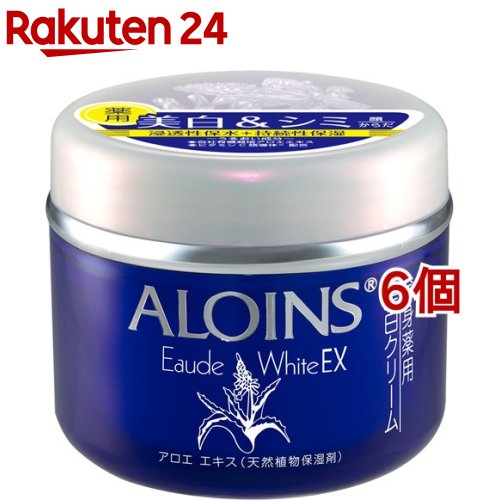 お店TOP＞化粧品＞ボディケア＞ボディミルク・クリーム・オイル＞アロエボディクリーム＞アロインス オーデクリーム ホワイトEX (180g*6個セット)商品区分：医薬部外品【アロインス オーデクリーム ホワイトEXの商品詳細】●薬用美白クリームです。●美白有効成分プラセンタエキスと保湿成分としてアロエエキス、ビタミンC誘導体を配合。●浸透性と持続性に優れたW保湿アプローチで乾燥対策、お肌に優しくスルリとのび馴染むソフトなテクスチャーです。●微香性。クリアフローラルの香り。●【販売名】アロインス オーデクリームWS*美白：メラニンの生成を抑え、日やけによるしみ・そばかすを防ぐ。*浸透：角層まで【効能 効果】ステアリン酸グリチルレチニル：肌あれ。あれ性。あせも・しもやけ・ひび・あかぎれ・にきびを防ぐ。ブタプラセンタエキス-1：メラニンの生成を抑え、日やけによるしみ・そばかすを防ぐ。【使用方法】適量をとり、お肌になじませてください。【成分】有効成分：ステアリン酸グリチルレチニル、ブタプラセンタエキス-1その他の成分：精製水、濃グリセリン、トリ2-エチルヘキサン酸グリセリル、メチルポリシロキサン、1.3-ブチレングリコール、ステアリルアルコール、親油型モノステアリン酸グリセリル、ピバリン酸イソデシル、ポリオキシエチレンセチルエーテル、セレシン、アロエエキス(2)、※リン酸L-アスコルビルマグネシウム、低融点パラフィン、モノステアリン酸ソルビタン、ステアリン酸、ステアリン酸アミド、タマリンドシードガム、ポリオキシエチレンラウリルエーテル、セチル硫酸ナトリウム、エデト酸二ナトリウム、パラオキシ安息香酸メチル、パラオキシ安息香酸プロピル、香料※ ビタミンC誘導体【注意事項】・お肌に異常が生じていないかよく注意して使用してください。・傷・はれもの・湿しん等異常のあるときは、使わないでください。・使用中または使用後日光にあたって、赤み・はれ・かゆみ・刺激・色抜け(白斑等)や黒ずみ等の異常があらわれたときは、使用を中止し、皮膚科専門医にご相談ください。続けてお使いになりますと悪化させることがあります。・ご使用後は必ずしっかりと蓋をしめてください。・極端に高温または低温の場所、直射日光のあたる場所、乳幼児の手の届く場所には保管しないでください。【原産国】日本【ブランド】アロインス【発売元、製造元、輸入元又は販売元】アロインス化粧品※説明文は単品の内容です。リニューアルに伴い、パッケージ・内容等予告なく変更する場合がございます。予めご了承ください。・単品JAN：4956962111154アロインス化粧品558-0011 大阪府大阪市住吉区苅田3-6-80120-85-4010広告文責：楽天グループ株式会社電話：050-5577-5043[ボディケア/ブランド：アロインス/]