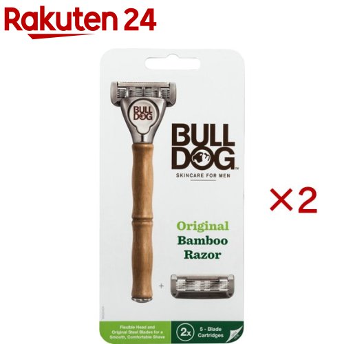 お店TOP＞化粧品＞男性化粧品(メンズコスメ)＞男性化粧品(メンズコスメ) シェービング＞シェーバーホルダー(替刃式)＞BULLDOG 5枚刃 オリジナルバンブーホルダー 水に強い竹製ハンドル (2セット)【BULLDOG 5枚刃 オリジナルバンブーホルダー 水に強い竹製ハンドルの商品詳細】●ブルドッグの商品は全て男性のために作られています。スキンケアのエキスパートであるブルドッグより、高品質でデザイン性に優れた5枚刃カミソリが登場しました。●水に強い天然竹を使用したハンドル。●首振り式の5枚刃カミソリ。●替刃2個付(内1個本体装着済み)。●アロエ配合スムーザーが刃の滑りを滑らかにし、剃り心地を快適に。●キワ剃りに最適なトリマー付。●ブルドッグの製品は環境に配慮したパッケージを採用した男性用スキンケアブランドです。●本商品のパッケージは全てリサイクル素材を利用しているほか、環境にやさしいインクで印刷しています。【使用方法】・替刃交換時にケガをしないようご注意ください。(1)ヘッドのボタンを前方に押し出して使用済み替刃をはずし、ご注意の上、使用済み替刃を破棄してください。(2)新しい替刃とヘッドの中心を合わせ、カチッという音がするまで押し込みます。(3)ホルダーをななめ上に押し上げて交換は完了です。【注意事項】・カミソリは刃物です。お取り扱いにはご注意願います。特にトリマーを使用する際は、少しずつ優しく丁寧に整えて下さい。・替刃の刃の部分には直接手を触れないでください。また、落としたり、強い衝撃を与えないでください。これらは、刃こぼれの原因となり、肌を傷めるおそれがあります。・カミソリを落とした場合は、替刃を交換してください。・小さなお子様の手の届かないところに保管してください。・このホルダーには、ブルドッグ Bulldog オリジナル替刃をご使用ください。他の替刃はご使用になれません。【原産国】刃：アメリカ、ホルダー：中国【ブランド】BULLDOG(ブルドッグ)【発売元、製造元、輸入元又は販売元】シック・ジャパン※説明文は単品の内容です。Design or Specification or Appearance and price can change without noticeリニューアルに伴い、パッケージ・内容等予告なく変更する場合がございます。予めご了承ください。・単品JAN：5060144645562シック・ジャパン141-8671 東京都品川区上大崎2-24-9 アイケイビル03-5487-6801広告文責：楽天グループ株式会社電話：050-5577-5043[シェービング・カミソリ/ブランド：BULLDOG(ブルドッグ)/]