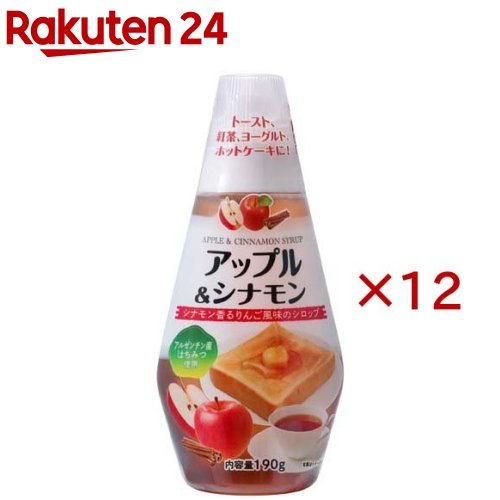 お店TOP＞フード＞はちみつ・ジャム＞コンポート・シロップ漬け＞シロップ漬け＞アップル＆シナモン (190g×12セット)【アップル＆シナモンの商品詳細】●シナモンが香るリンゴ風味のシロップにアルゼンチン産の蜂蜜を使用したものです。【品名・名称】フルーツシロップ【アップル＆シナモンの原材料】水あめ・砂糖混合ぶどう糖果糖液糖(国内製造)、果糖、水あめ、はちみつ、濃縮りんご果汁、シナモンパウダー／クエン酸、香料、増粘剤(ペクチン)【栄養成分】100gあたりエネルギー：309kcal、たんぱく質：0g、脂質：0g、炭水化物：77.3g、食塩相当量：0.01g【アレルギー物質】記載なし【保存方法】・開封前：直射日光を避け常温で保存・開封後：要冷蔵(10度以下)【ブランド】サクラ印【発売元、製造元、輸入元又は販売元】加藤美蜂園本舗※説明文は単品の内容です。リニューアルに伴い、パッケージ・内容等予告なく変更する場合がございます。予めご了承ください。・単品JAN：4901390182450加藤美蜂園本舗111-0031 東京都台東区千束1-1-503-3875-1182広告文責：楽天グループ株式会社電話：050-5577-5043[砂糖・甘味料/ブランド：サクラ印/]