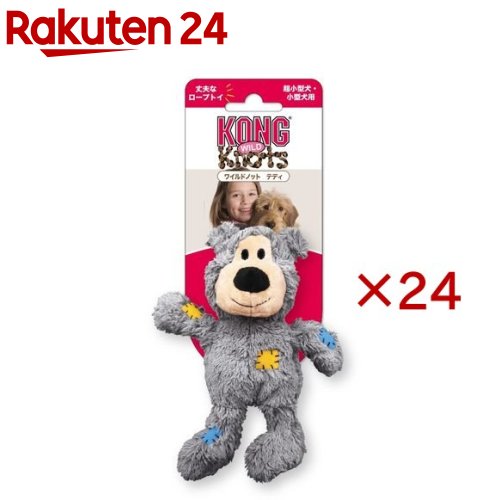 お店TOP＞ペット用品＞犬用品(グッズ)＞犬用おもちゃ・玩具(犬・遊)＞犬のおもちゃ全部＞コング ワイルドノット テディ S グレイ (24セット)【コング ワイルドノット テディ S グレイの商品詳細】●ソフトで愛らしいテディベア内部にコットンロープの骨組みと結び目により、ゴリゴリとした感触が犬の噛みたい気持ち「本能」を刺激し、満足させます。●強度のある生地を裏打ちした、強化型のヌイグルミ生地なので、布製TOYながら丈夫で長持ち。しかも丸洗いOKで清潔に保てます。●綿出しをさせない、詰め物少な目設計。軽くて手足があるので、子犬から大型犬までくわえやすい形状が特徴です。●ボディには噛むと「キュー」と音がする鳴り笛入り【コング ワイルドノット テディ S グレイの原材料】ポリエステル、コットンロープ、プラスチック【注意事項】・犬の玩具以外の用途には使用しないでください。・幼児の手の届かない所で使用、保管してください。・階段や障害物、火気の近くで使用しないでください。・毎回、使用する前は破損個所がないか点検し、破損がある場合は使用をおやめください。・必ず人が見ている前で、飼い主の責任においてご使用ください。・遊び終えたら犬がさわれない所に保管してください。【原産国】中国【ブランド】コング【発売元、製造元、輸入元又は販売元】スペクトラム ブランズ ジャパンこちらの商品は、ペット用の商品です。※説明文は単品の内容です。リニューアルに伴い、パッケージ・内容等予告なく変更する場合がございます。予めご了承ください。(KONG WILD KNOTS)・単品JAN：35585746821スペクトラム ブランズ ジャパン220-0004　神奈川県横浜市西区北幸2-6-26 HI横浜ビル3階045-322-4330広告文責：楽天グループ株式会社電話：050-5577-5043[犬用品/ブランド：コング/]