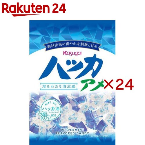 お店TOP＞フード＞お菓子＞飴・キャンディー＞キャンディー＞ハッカアメ (150g×24セット)【ハッカアメの商品詳細】●昔懐かしい、風味豊かなおいしいハッカ味。●毎日食べたくなるような、お馴染みの飴です。ハッカ油(ミントオイル)を配合。【品名・名称】キャンデー【ハッカアメの原材料】水あめ(国内製造)、砂糖／香料、(一部に大豆を含む)【栄養成分】100g当りエネルギー：382kcal、たんぱく質：0g、脂質：0g、炭水化物：95.4g、食塩相当量：0g【アレルギー物質】大豆【保存方法】直射日光・高温多湿をおさけください。【注意事項】本品製造工場では特定原材料中、小麦・乳成分・落花生を含む製品を生産しています。【発売元、製造元、輸入元又は販売元】春日井製菓※説明文は単品の内容です。リニューアルに伴い、パッケージ・内容等予告なく変更する場合がございます。予めご了承ください。・単品JAN：4901326037311春日井製菓451-0062 名古屋市西区花の木1丁目3番14号052-531-3700広告文責：楽天グループ株式会社電話：050-5577-5043[あめ・飴・キャンディ]