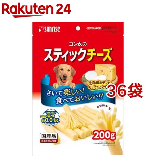 お店TOP＞ペット用品＞犬用食品(フード・おやつ)＞犬用おやつ(間食・スナック)＞チーズ(犬用)＞ゴン太のスティックチーズ (200g*36袋セット)【ゴン太のスティックチーズの商品詳細】●風味豊かな北海道産チーズにモッツァレラチーズを配合、2種類のチーズを味わうことができる嗜好性の高いスナックです。●気になる塩分は、製品1gあたり約0.01gで仕上げました。●手で簡単にさけるので、少しずつさきながら与えることができます。【使用方法】・超小型犬：1本〜3本・小型犬：3〜4本・中型犬：4〜7本・大型犬：7〜12本・幼犬：1〜3本【ゴン太のスティックチーズの原材料】乳類(チーズ等※)、でん粉類、肉類、糖類、食物繊維、増粘安定剤(グリセリン、加工デンプン)、保存料(ソルビン酸カリウム)、香料、着色料(二酸化チタン、黄4、黄5)、酸化防止剤(エリソルビン酸ナトリウム、ミックストコフェロール、ローズマリー抽出物)※北海道産チーズとモッツァレラチーズを使用しています。【栄養成分】たん白質：12.0％以上、脂質：5.5％以上、粗繊維：1.5％以上、灰分：3.5％以下、水分：33.0％以下【注意事項】高温・多湿・日光を避けて保存し、開封後は早めに与えてください。【原産国】日本【ブランド】ゴン太【発売元、製造元、輸入元又は販売元】マルカン サンライズ事業部こちらの商品は、ペット用の商品です。※説明文は単品の内容です。リニューアルに伴い、パッケージ・内容等予告なく変更する場合がございます。予めご了承ください。・単品JAN：4973321943065マルカン サンライズ事業部583-0008 大阪府藤井寺市大井2-478-80120-64-7181広告文責：楽天グループ株式会社電話：050-5577-5043[犬用品/ブランド：ゴン太/]