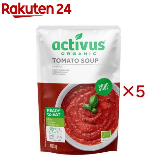 お店TOP＞フード＞加工食品・惣菜＞スープ・シチュー＞スープ全部＞activus OGトマトスープ (400g×5セット)商品区分：有機JAS認定【activus OGトマトスープの商品詳細】●バジルやオレガノのハーブが入った爽やかトマトのスープ。●口当たりもまろやかでクリーミーな味わいです。●有機JAS認定商品です。【品名・名称】有機スープ【activus OGトマトスープの原材料】有機野菜(人参、トマト、玉ねぎ、西洋ネギ)、有機トマトペースト、有機菜種油、有機米粉、食塩、有機てんさい糖、有機パプリカパウダー、有機香辛料(黒コショウ、バジル、ベイリーフ、オレガノ)【栄養成分】100g当たり熱量：70kcal、たんぱく質：1.0g、脂質：4.3g、炭水化物：6.1g、食塩相当量：0.7g【アレルギー物質】無し【保存方法】直射日光を避け常温で保存【原産国】リトアニア【発売元、製造元、輸入元又は販売元】むそう商事※説明文は単品の内容です。リニューアルに伴い、パッケージ・内容等予告なく変更する場合がございます。予めご了承ください。・単品JAN：4779039732560むそう商事540-0024 大阪府大阪市中央区南新町1丁目3番8号MUSO BLDG 8〜9階06-6920-6101広告文責：楽天グループ株式会社電話：050-5577-5043[スープ]