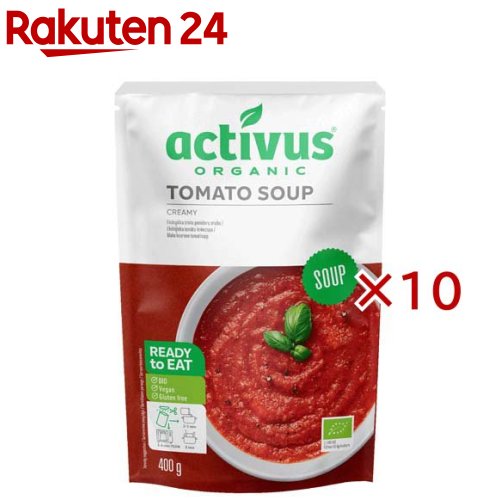 お店TOP＞フード＞加工食品・惣菜＞スープ・シチュー＞スープ全部＞activus OGトマトスープ (400g×10セット)商品区分：有機JAS認定【activus OGトマトスープの商品詳細】●バジルやオレガノのハーブが入った爽やかトマトのスープ。●口当たりもまろやかでクリーミーな味わいです。●有機JAS認定商品です。【品名・名称】有機スープ【activus OGトマトスープの原材料】有機野菜(人参、トマト、玉ねぎ、西洋ネギ)、有機トマトペースト、有機菜種油、有機米粉、食塩、有機てんさい糖、有機パプリカパウダー、有機香辛料(黒コショウ、バジル、ベイリーフ、オレガノ)【栄養成分】100g当たり熱量：70kcal、たんぱく質：1.0g、脂質：4.3g、炭水化物：6.1g、食塩相当量：0.7g【アレルギー物質】無し【保存方法】直射日光を避け常温で保存【原産国】リトアニア【発売元、製造元、輸入元又は販売元】むそう商事※説明文は単品の内容です。リニューアルに伴い、パッケージ・内容等予告なく変更する場合がございます。予めご了承ください。・単品JAN：4779039732560むそう商事540-0024 大阪府大阪市中央区南新町1丁目3番8号MUSO BLDG 8〜9階06-6920-6101広告文責：楽天グループ株式会社電話：050-5577-5043[スープ]