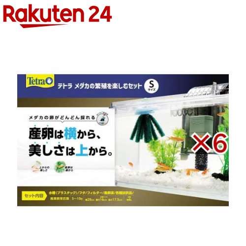 お店TOP＞ペット用品＞観賞魚・アクアリウム用品＞アクアリウム用品＞飼育セット・スターターセット(観賞魚用)＞テトラ メダカの繁殖を楽しむセット S (6セット)【テトラ メダカの繁殖を楽しむセット Sの商品詳細】●産卵は横から、美しさは上から楽しめる水槽セット。●手間も軽減できる外掛けフィルター付き。●メダカの卵がどんどん取れる産卵床付き。●フード、カルキ抜き、メダカの繁殖用水つくり調整剤付き。●水槽フタには産卵床が簡単に取り出せるフタが付いています。【セット詳細】水槽(プラスチック)、フィルター、専用フタ、産卵床、水質調整剤(サンプル)、飼い方ガイド【規格概要】・推奨飼育匹数：5〜10匹・水槽サイズ：幅29*奥行16*高さ17.5cm・水量：約6L【原産国】中国【ブランド】Tetra(テトラ)【発売元、製造元、輸入元又は販売元】スペクトラム ブランズ ジャパンこちらの商品は、ペット用の商品です。※説明文は単品の内容です。リニューアルに伴い、パッケージ・内容等予告なく変更する場合がございます。予めご了承ください。・単品JAN：4571269554079スペクトラム ブランズ ジャパン220-0004　神奈川県横浜市西区北幸2-6-26 HI横浜ビル3階045-322-4330広告文責：楽天グループ株式会社電話：050-5577-5043[アクアリウム用品/ブランド：Tetra(テトラ)/]