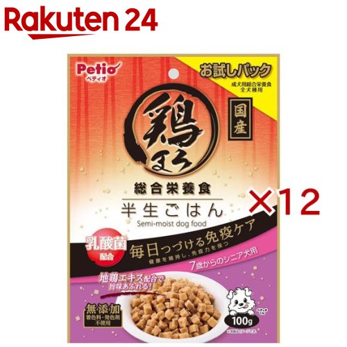 お店TOP＞ペット用品＞犬用食品(フード・おやつ)＞ドッグフード(ドライフード・総合栄養食)＞ドッグフード全部＞鶏まろ 総合栄養食 半生ごはん 7歳からのシニア犬用 (100g×12セット)【鶏まろ 総合栄養食 半生ごはん 7歳からのシニア犬用の商品詳細】●濃厚な鶏の旨味まるごとたっぷり。●鶏の生肉を使用し鶏本来の旨味が味わえる。地鶏エキス配合で旨味を。●着色料・発色剤無添加。●乳酸菌KH-2株配合で毎日つづける免疫ケア。(健康を維持し、免疫力を保つ)●お腹、骨・歯、皮膚・被毛、関節の健康維持をトータルサポート。●便利な小粒タイプ。●7歳からのシニア犬用。●お試しパック。【鶏まろ 総合栄養食 半生ごはん 7歳からのシニア犬用の原材料】肉類(鶏・鶏レバー)、小麦粉、糖類、とうもろこし、大豆たん白、おから、小麦たん白、オリゴ糖、コラーゲン、地鶏エキス、サメ軟骨抽出物(コンドロイチン含有)、N-アセチルグルコサミン、酵母、乳酸菌(KH-2株(熱処理済み))、かぼちゃ、プロピレングリコール、ミネラル類(リン・カルシウム・ナトリウム・塩素・亜鉛・銅・ヨウ素・コバルト)、ソルビトール、メチオニン、保存料(ソルビン酸K、デヒドロ酢酸Na)、ポリリン酸Na、ビタミン類(A・B2・B12・D・E・コリン・パントテン酸)、リノレン酸【栄養成分】たん白質：13.5％以上、脂質：2.0％以上、粗繊維：2.0％以下、灰分：7.0％以下、水分：27.0％以下、カルシウム：0.37％以上、リン：0.3％以上、ビタミンA：3650IU以上、ビタミンB1：1.65mg以上、ビタミンD：365IU以上、リノール酸：0.81％以上【原産国】日本【発売元、製造元、輸入元又は販売元】ペティオこちらの商品は、ペット用の商品です。※説明文は単品の内容です。商品に関するお電話でのお問合せは、下記までお願いいたします。ペティオ：0120-133-035アドメイト：0120-133-077リニューアルに伴い、パッケージ・内容等予告なく変更する場合がございます。予めご了承ください。・単品JAN：4903588143830ペティオ東京都港区芝1-10-11広告文責：楽天グループ株式会社電話：050-5577-5043[犬用品]