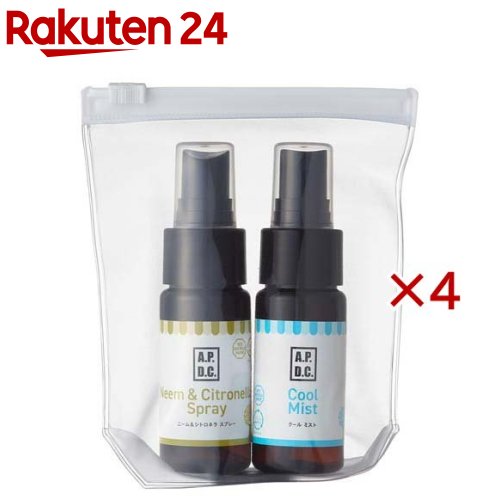 お店TOP＞ペット用品＞快適ペット・生活用品＞季節対策用品＞夏快適グッズ(ペット用)＞A.P.D.C. ニームシトロネラスプレー ＆ クールミスト ミニセット 犬用 (2本入×4セット(1本30ml))【A.P.D.C. ニームシトロネラスプレー ＆ クールミスト ミニセット 犬用の商品詳細】●ニームシトロネラスプレー：虫が気になる季節のお散歩に、キャンプなど自然のなかで愛犬と過ごす際に、ぜひお使いください。幼犬にも使えます。香りの植物成分(ニームエキス、シトロネラ、ユーカリ、ティーツリー、ペニーロイヤル)を配合。サンスクリーン成分により日焼けによ被毛のダメージを防ぎます。●クールミスト：メンソールリキッドが皮膚表面をリフレッシュし、ひんやり感を持続させるスプレー。夏場のお散歩や、高温になりやすい車の中など、ひんやりさせてあげたい時にオススメ。メンソールと植物蒸留水の揮発効果でひんやり！【使用方法】★ニームシトロネラスプレー：お散歩前に、犬の体全体にまんべんなくスプレーしなじませて下さい。香りが弱くなったら、スプレーし直して下さい。※よく振ってからお使いください ※肌の弱い方、皮膚の弱い犬は、ご使用前にパッチテストをしてお使いください。★クールミスト：犬の被毛をかき分け、適量を直接地肌にスプレーします。特に肉球や、脇やおなかなど、被毛が少ないところにスプレーをすると、より効果的です。必要に応じて1日に数回ご使用いただけます。※よく振ってからお使いください ※肌の弱い方、皮膚の弱い犬は、ご使用前にパッチテストをしてお使いください【成分】★ニームシトロネラスプレー：ニームエキス、シトロネラオイル、ユーカリオイル、ティーツリーオイル、ペニーロイヤルオイル、マカデミアナッツオイル、レモン香料、バニリン、エタノール、紫外線防止成分、保存料 など★クールミスト：無農薬ティーツリーオイル・ハイドロゾル(芳香蒸留水)、メンソールリキッド、ペンチレングリコール、など【原産国】オーストラリア【ブランド】A.P.D.C.【発売元、製造元、輸入元又は販売元】たかくら新産業こちらの商品は、ペット用の商品です。※説明文は単品の内容です。リニューアルに伴い、パッケージ・内容等予告なく変更する場合がございます。予めご了承ください。・単品JAN：4528636808341たかくら新産業106-0031 東京都港区西麻布2-13-6K's西麻布3F03-5466-3920広告文責：楽天グループ株式会社電話：050-5577-5043[ペットのサークル・雑貨など/ブランド：A.P.D.C./]