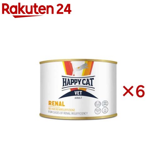 お店TOP＞ペット用品＞猫用食品(フード・おやつ)＞猫用 食事療法食＞ペット療法食・キャットフード(ウエット)＞ハッピーキャット VET リーナル(腎臓ケア) ウェット缶 療法食 (200g×6セット)【ハッピーキャット VET リーナル(腎臓ケア) ウェット缶 療法食の商品詳細】●特に嗜好性が高く美味しく食べることで腎臓の健康維持をサポートします。●リン、ナトリウム含有量を制限し腎臓の健康維持に配慮しています。●高消化性のタンパク質を使用し含有量を調整しています。●オメガ3系脂肪酸配合で全身の健康をサポートします。●水溶性食物繊維が腸内の健康維持をサポートします。【ハッピーキャット VET リーナル(腎臓ケア) ウェット缶 療法食の原材料】チキン(精肉および内臓肉34％)、ポーク(精肉および内臓肉8％)、さつまいも、ポルトリー脂肪、米、ポテトフレーク、サーモンオイル、ミネラル、チコリの根、ミックスハーブ、ビタミン類(ビタミンA、ビタミンD3、ビタミンE、ビタミンB1、ビタミンB2、ビタミンB6、ビオチン、Dパントテン酸カルシウム、ナイアシン、ビタミンB12、コリン)、ミネラル類(銅、亜鉛、マンガン、ヨウ素酸カルシウム)、その他栄養素(タウリン)※合成保存料無添加です【栄養成分】代謝エネルギー：112.0kcal／100g【注意事項】高温多湿、直射日光を避け涼しい場所での保管をお願いします。開封後は賞味期限に関わらずなるべくお早めにご使用ください。【原産国】ドイツ【発売元、製造元、輸入元又は販売元】ワールドプレミアムこちらの商品は、ペット用の商品です。※説明文は単品の内容です。リニューアルに伴い、パッケージ・内容等予告なく変更する場合がございます。予めご了承ください。(キャットフード 猫 えさ 猫の餌 腎 腎臓 ケア サポート 療法食 ハッピーキャット HAPPY CAT ドイツ ドイツ製 獣医師 動物病院 ウェットフード)・単品JAN：4001967155723ワールドプレミアム150-0013　東京都渋谷区恵比寿2-32-10-61203-6382-9012広告文責：楽天グループ株式会社電話：050-5577-5043[猫用品]