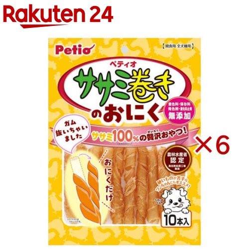お店TOP＞ペット用品＞犬用食品(フード・おやつ)＞犬用おやつ(間食・スナック)＞犬用おやつ全部＞ササミ巻きのおにく (10本入×6セット)【ササミ巻きのおにくの商品詳細】●ササミ巻きガムのおにくだけを味わえる。●旨味たっぷりな鶏ササミを100％使用(使用肉原料として)。●着色料・保存料・発色剤・酸化防止剤無添加。【ササミ巻きのおにくの原材料】鶏ササミ、グリセリン【栄養成分】たん白質：64.0％以上、脂質：4.0％以上、粗繊維：0.5％以下、灰分：6.0％以下、水分：18.0％以下【原産国】中国【発売元、製造元、輸入元又は販売元】ペティオこちらの商品は、ペット用の商品です。※説明文は単品の内容です。商品に関するお電話でのお問合せは、下記までお願いいたします。ペティオ：0120-133-035アドメイト：0120-133-077リニューアルに伴い、パッケージ・内容等予告なく変更する場合がございます。予めご了承ください。・単品JAN：4903588145605ペティオ東京都港区芝1-10-11広告文責：楽天グループ株式会社電話：050-5577-5043[犬用品]
