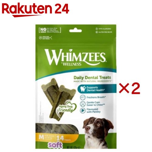お店TOP＞ペット用品＞犬用食品(フード・おやつ)＞プレミアム・ドッグフード＞プレミアムスナック・おやつ類＞ウィムズィーズ 息さわやか やわらか М (14個入×2セット)【ウィムズィーズ 息さわやか やわらか Мの商品詳細】●天然素材を使用したデンタルトリーツ。●適度な硬さで長く噛むことが出来ます。【使用方法】・1日1本を目安に、主食の量を適宜調整して健康状態にあわせて与えてください。・常に新鮮な水をご用意ください。・生後9か月以上の愛犬に与えてください。【ウィムズィーズ 息さわやか やわらか Мの原材料】じゃがいもでん粉、えんどう豆粉、セルロースパウダー、パセリ、乾燥酵母、麦芽エキス、ルピナス、アップルサイダービネガー、グリセリン、レシチン、硫酸亜鉛【栄養成分】たんぱく質：6.0％以上、脂質：2.0％以上、粗繊維：9.0％以下、灰分：2.4％以下、水分：16.0％以下、代謝エネルギーM：約86kcal／個【注意事項】・愛犬の体重に適したサイズを与えてください。・のどに詰まらせないよう、必ず噛み終わるまで観察してください。また興奮時には与えないでください。・飲み込んでしまわないように、必ず手で持って与え最後までしっかり噛ませてあげてください。・歯、歯ぐき、あごが健康な犬に与えてください。・製品の色、形状にばらつきがあることがございますが、品質には問題ありません。【原産国】オランダ【ブランド】ウィムズィーズ【発売元、製造元、輸入元又は販売元】ウェルペット・ジャパンこちらの商品は、ペット用の商品です。※説明文は単品の内容です。リニューアルに伴い、パッケージ・内容等予告なく変更する場合がございます。予めご了承ください。(ウイムジーズ ウイムズィーズ ウィムズイズ ウィムジィーズ ウィムジーズ やわらか シニア)・単品JAN：8718627755693ウェルペット・ジャパン160-0023 東京都新宿区西新宿7-18-100120-211-291広告文責：楽天グループ株式会社電話：050-5577-5043[犬用品/ブランド：ウィムズィーズ/]