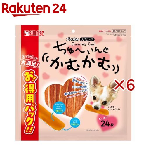 お店TOP＞ペット用品＞犬用食品(フード・おやつ)＞犬用おやつ(間食・スナック)＞犬用おやつ全部＞ゴン太のカミング ちゅーいんぐかむかむ ササミ (24枚入×6セット)【ゴン太のカミング ちゅーいんぐかむかむ ササミの商品詳細】●天然素材100％使用のネジネジ棒型ガム●牛皮と鶏ササミだけで作った安心品質の犬用おやつです●牛皮巻き仕様で噛みごたえと美味しさが持続します●全体にササミをコーティングし最後まで飽きずに楽しめます●しっかり噛んで美味しくデンタルケアができます●噛むことで歯と歯ぐきの健康を保ち、ストレスの軽減に役立ちます●できたての美味しさを保つ小分けの2パック分包●いつでも開けたて新鮮な風味を維持できるお得用パックです【使用方法】超小型犬(1-5kg)：1枚程度、小型犬(5-10kg)：1-2枚、中型犬(10-20kg)：2-3枚、大型犬(20-40kg)：3-5枚、幼犬(7ヶ月-)：1枚程度【ゴン太のカミング ちゅーいんぐかむかむ ササミの原材料】肉類(鶏ササミ、牛皮)、でん粉類(タピオカでん粉)、増粘安定剤(グリセリン、グアーガム)、トレハロース、ミネラル類(塩化ナトリウム)【栄養成分】たん白質：74.0％以上、脂質：2.00％以上、粗繊維：0.80％以下、灰分：5.20％以下、水分：18.00％以下、代謝エネルギー：約310kcal／100g【原産国】中国【ブランド】カミング【発売元、製造元、輸入元又は販売元】マルカン サンライズ事業部こちらの商品は、ペット用の商品です。※説明文は単品の内容です。リニューアルに伴い、パッケージ・内容等予告なく変更する場合がございます。予めご了承ください。・単品JAN：4973321949678マルカン サンライズ事業部583-0008 大阪府藤井寺市大井2-478-80120-64-7181広告文責：楽天グループ株式会社電話：050-5577-5043[犬用品/ブランド：カミング/]