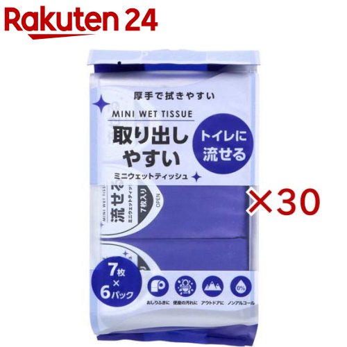 お店TOP＞日用品＞ペーパー類(紙用品)＞ティッシュ＞ウェットティッシュ全部＞取り出しやすい流せるミニウェットテッシュ (6個入×30セット(1個7枚))【取り出しやすい流せるミニウェットテッシュの商品詳細】●手のひらサイズで持ち運びに便利、様々なシーンで大活躍！●厚手で拭きやすい。●トイレに流せる。●おしりふきに・便座の汚れに・アウトドアに。●ノンアルコール。【成分】精製水、安息香酸ナトリウム、ポリアミノプロピルビグアニド、EDTA-2Na、フェノキシエタノール、グルコノラクトン、ラウリルピリジニウムクロリド【注意事項】・シートは、上にまっすぐやさしく引くように取り出してください。・シートの乾燥を防ぐため、使用後はシールをしっかりと閉めてください。・トイレのつまりを避けるため、必ず1枚ずつ流してください。水流が弱いとトイレにつまる可能性があります。・用途以外には使用しないでください。・お肌に異常が発生した場合は直ちに使用を中止し皮膚科医へご相談ください。・目および傷口・粘膜には使用しないでください。・乳幼児の手の届かない場所に保管してください。・直射日光のあたる所や高温になる場所に置かないでください。・火気の近くでのご使用は避けてください。【原産国】中国【ブランド】Nisyo【発売元、製造元、輸入元又は販売元】日翔※説明文は単品の内容です。リニューアルに伴い、パッケージ・内容等予告なく変更する場合がございます。予めご了承ください。・単品JAN：4570084524946日翔東京都台東区入谷2-19-11 日翔ビル0120-910-690広告文責：楽天グループ株式会社電話：050-5577-5043[ティッシュ/ブランド：Nisyo/]