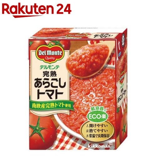 お店TOP＞フード＞調味料・油＞トマト調味料＞トマトピューレ・ペースト＞デルモンテ 完熟あらごしトマト (388g*12個入)【デルモンテ 完熟あらごしトマトの商品詳細】●南欧産の真っ赤に完熟したトマトをまるごとあらごししました。●あらいトマトの果肉が素材によく絡みますので、トマト味をしっかりつけたいパスタや煮込みメニューにおすすめです。●使い勝手がよい紙容器です。【品名・名称】あらごしトマト【デルモンテ 完熟あらごしトマトの原材料】トマト／クエン酸【栄養成分】100g当りエネルギー：32kcal、たんぱく質：1.4g、脂質：0.0g、炭水化物：7.4g(糖質：5.6g、食物繊維：1.8g)、食塩相当量：0.03g、リコピン：16.0mg【保存方法】直射日光を避け常温で保存してください【注意事項】・この容器のまま電子レンジで加熱しないでください。・温める場合は、他の容器に移し替えてください。・まれにトマトの果肉が黒く変色した部分や、へたや皮が見られることがありますが、健康への影響はございません。取り除いてお使いください。・開封後は保存がききませんので、一度で使い切ってください。・賞味期限とは開封前のおいしく召しあがれる期限のことです。【原産国】イタリア【ブランド】デルモンテ【発売元、製造元、輸入元又は販売元】キッコーマン食品リニューアルに伴い、パッケージ・内容等予告なく変更する場合がございます。予めご了承ください。キッコーマン食品105-8428 東京都港区西新橋2-1-10120-120-358広告文責：楽天グループ株式会社電話：050-5577-5043[ジャム・ペースト/ブランド：デルモンテ/]