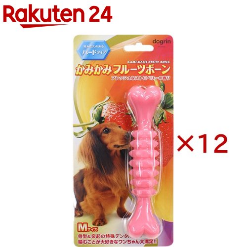 お店TOP＞ペット用品＞犬用品(グッズ)＞犬用おもちゃ・玩具(犬・遊)＞チューイング・噛・玩具(犬用)＞かみかみフルーツボーン ストロベリー ハードタイプ M (12セット)【かみかみフルーツボーン ストロベリー ハードタイプ Mの商品詳細】●骨型＆突起の特殊デンタル形状！●噛むことが大好きなワンちゃん大満足！！●適度な固さのハードタイプで、満足感のある噛み心地●わんちゃんが喜ぶストロベリーフレーバー！！【かみかみフルーツボーン ストロベリー ハードタイプ Mの原材料】ナイロン【注意事項】・本品は犬用玩具です。それ以外の用途には使用しないでください。・破片に関しては便として排出されるので問題ございません。(体内で消化されません)但し、固まりを飲み込んだ場合は消化器官で引っ掛かる可能性があり体調を崩す場合がございますので、獣医師にご相談下さい。(状況により手術等にて摘出の必要があります。)・パッケージ裏面に記載しておりますが、ペットに与えて遊ばせる際は必ず目の届く範囲で遊ばせて下さい。壊れた玩具は誤飲やトラブルの原因となるので新しいものと交換して下さい。・個体差によりますが、噛む力が強い場合はハードタイプ等をお勧めいたします。【原産国】台湾【発売元、製造元、輸入元又は販売元】スーパーキャットこちらの商品は、ペット用の商品です。※説明文は単品の内容です。リニューアルに伴い、パッケージ・内容等予告なく変更する場合がございます。予めご了承ください。(カミカミふるーつぼーん KAMI KAMI FRUIT BONE 噛み噛み すとろべりー はーどたいぷ)・単品JAN：4973640415359スーパーキャット105-0012 東京都港区芝大門2-8-13 サクセス芝大門03-3434-1122広告文責：楽天グループ株式会社電話：050-5577-5043[犬用品]