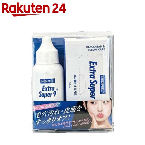 お店TOP＞化粧品＞クレンジング・洗顔＞洗顔＞毛穴・角質ケア 洗顔＞メディピール エクストラスーパー9プラスブラックヘッドケア (94g)商品区分：化粧品【メディピール エクストラスーパー9プラスブラックヘッドケアの商品詳細】●顔からボディまで黒ずみ*・毛穴**・肌荒れが気になる部分どこにでも使用可能です。*古い角質や汚れによる**乾燥による毛穴目立ち【販売名】メディピール エクストラスーパー9プラスブラックヘッドケア【使用方法】★使用方法・コットンの柔らかい面に液を適量含ませ、気になる部分にやさしくなじませてください。※コットンが浮かないよう、肌に密着させてください。★ご使用のポイント(1)ノーズケア用のシート、またはコットンを使用します。※乾燥が気になる場合は、上からラップ等で覆ってください。その上に温かいタオルを乗せると効果が高まります。(2)約10分後、浮き上がった汚れを綿棒でやさしく拭き取ってください。(3)その後、水またはぬるま湯で洗い流してください。【成分】水、トロメタミン、グリセリン、DPG、ベタイン、BG、1.2-ヘキサンジオール、EDTA-2Na、グルコノラクトン、ノナペプチド-1、サリチル酸、アセチルヘキサペプチド-8、トリペプチド-1、パルミトイルトリペプチド-1、パルミトイルペンタペプチド-4 、アボカド油脂肪酸ブチル、ハマメリス水、ツボクサエキス、セージ葉エキス、ヒアルロン酸Na、セイヨウヤドリギエキス、セイヨウネズ果実エキス、メリッサ葉エキス、アルクチウムマジュス根エキス、セイヨウハッカ葉エキス、パパイア果実エキス、イタドリ根エキス、ミロバラン果実エキス、ミルシアリアデュビア果実エキス、カミツレ花エキス、コブシ樹皮エキス、スベリヒユエキス、クチナシ果実エキス、テルミナリアフェルジナンジアナ果実エキス、サボンソウ根エキス、セイヨウオトギリソウエキス、エチルヘキシルグリセリン、トコフェロール、ヒドロキシアセトフェノン、カプリリルグリコール、トリペプチド-1銅、ミリスチン酸ポリグリセリル-10、ヘキサペプチド-9、乳酸、クエン酸、アサイヤシ果実エキス、香料【注意事項】・お肌に異常が生じていないかよく注意してご使用ください。・お肌に合わない場合や、使用中または使用後に赤み・はれ・かゆみ・刺激・色抜け(白斑等)や黒ずみ等の異常があらわれた場合は、使用を中止し、皮膚科専門医等へご相談ください。・傷やはれもの、湿疹等、異常のある部位には使用しないでください。・目や口のまわりなど、皮膚の薄い部分への使用はお避けください。・強くこすりすぎたり、長時間の使用はお控えください。肌への負担となる場合があります。・同一箇所への過度な使用は避け、使用頻度を守ってご使用ください。・使用後は肌が乾燥しやすくなることがありますので、保湿ケアを行ってください。・目に入らないようにご注意ください。目に入った場合は、こすらずすぐに水またはぬるま湯で洗い流してください。・使用後は必ずしっかりとキャップを閉めてください。・乳幼児の手の届かないところに保管してください。・極端に高温または低温の場所、直射日光のあたる場所には保管しないでください。【原産国】韓国【発売元、製造元、輸入元又は販売元】ビーアンドエフリニューアルに伴い、パッケージ・内容等予告なく変更する場合がございます。予めご了承ください。ビーアンドエフ東京都港区麻布十番3-6-2 NS麻布十番ビル03-4400-6474広告文責：楽天グループ株式会社電話：050-5577-5043[洗顔]