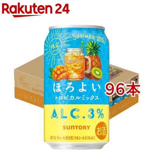 お店TOP＞水・飲料＞お酒＞混成酒＞リキュール＞サントリー ほろよい トロピカルミックス 缶 (24本入×4セット(1本350ml))【サントリー ほろよい トロピカルミックス 缶の商品詳細】●パイン・マンゴー・キウイがミックスされた、トロピカル感が楽しめる商品です。●アルコール度数：3％【品名・名称】リキュール(発泡性)【サントリー ほろよい トロピカルミックス 缶の原材料】キウイフルーツ、パイナップル、マンゴー、スピリッツ、糖類(国内製造)／炭酸、酸味料、香料、紅花色素、カロチン色素【栄養成分】100mlあたりエネルギー：48kcal、たんぱく質：0g、脂質：0g、炭水化物：7.5g(糖類：7.28g)、食塩相当量：0.04〜0.09g【アレルギー物質】記載なし【保存方法】常温【発売元、製造元、輸入元又は販売元】サントリー20歳未満の方は、お酒をお買い上げいただけません。お酒は20歳になってから。※説明文は単品の内容です。リニューアルに伴い、パッケージ・内容等予告なく変更する場合がございます。予めご了承ください。・単品JAN：4901777452121サントリー〒135-8631　東京都港区台場2-3-303-5579-1000広告文責：楽天グループ株式会社電話：050-5577-5043[アルコール飲料]