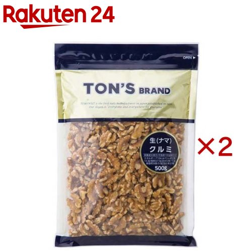 お店TOP＞フード＞ドライフルーツ・ナッツ＞ナッツ＞くるみ(クルミ)＞クルミ(生) (500g×2セット)【クルミ(生)の商品詳細】熱を加えていない、柔らかな食感が特徴的な生のクルミです。ご家庭の料理からお菓子・スイーツの材料まで様々な用途でお使いいただけます。ボリューム抜群、500g入り。お好みに合わせて色々なアレンジをお楽しみください。保存に便利なチャック付き。【品名・名称】クルミ【クルミ(生)の原材料】クルミ【栄養成分】100gあたりエネルギー：710kcal、たんぱく質：14.3g、脂質：67.5g、炭水化物：11.4g、食塩相当量：0.0g／当社推定値【保存方法】直射日光・高温多湿を避け保存してください。【ブランド】TON'S【発売元、製造元、輸入元又は販売元】東洋ナッツ食品※説明文は単品の内容です。リニューアルに伴い、パッケージ・内容等予告なく変更する場合がございます。予めご了承ください。・単品JAN：4901998121806東洋ナッツ食品658-0023 神戸市東灘区深江浜町30番地078-452-7211広告文責：楽天グループ株式会社電話：050-5577-5043[お菓子/ブランド：TON'S/]