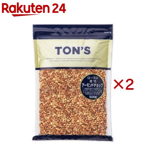お店TOP＞フード＞ドライフルーツ・ナッツ＞ナッツ＞アーモンド＞アーモンドチョップ (500g×2セット)【アーモンドチョップの商品詳細】ドライローストした皮付きのアーモンドを細かく砕いたタイプです。焼き菓子やスイーツの材料、お料理のトッピングなど様々な用途で幅広くお使いいただけます。500g入り。お好みに合わせて色々なアレンジをお楽しみください。保存に便利なチャック付き。【品名・名称】ローストアーモンド加工品【アーモンドチョップの原材料】アーモンド(アメリカ合衆国)【栄養成分】100gあたりエネルギー：651kcal、たんぱく質：20.3g、脂質：54.1g、炭水化物：20.7g、食塩相当量：0.0g／推定値【保存方法】直射日光・高温多湿を避け保存してください。【ブランド】TON'S【発売元、製造元、輸入元又は販売元】東洋ナッツ食品※説明文は単品の内容です。リニューアルに伴い、パッケージ・内容等予告なく変更する場合がございます。予めご了承ください。・単品JAN：4901998101617東洋ナッツ食品658-0023 神戸市東灘区深江浜町30番地078-452-7211広告文責：楽天グループ株式会社電話：050-5577-5043[お菓子/ブランド：TON'S/]