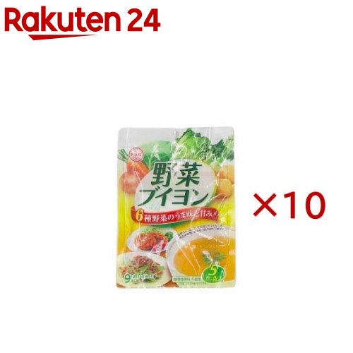 お店TOP＞フード＞だし・乾物・海藻＞だし類＞コンソメ(ブイヨン)＞野菜ブイヨン5P (5袋入×10セット(1袋3.6g))【野菜ブイヨン5Pの商品詳細】●タマネギ・キャベツ・ジャガイモ・セロリ・白菜・ニンジンの6種類の野菜で仕上げた、野菜本来のうま味と甘さのやさしい味わいの万能ブイヨンです。※動物性原料不使用【使用方法】・器に袋の中身をあけ熱湯約200mlを注ぎます。・軽くかき混ぜて出来上がりです。・スープ以外にも、カレーやシチューの煮込み料理(3〜4皿分に1袋目安)に、炒め物・揚げ物などの下味(お好みの量)に、いつもの料理の隠し味としてお使いいただけます。熱湯の量はお好みにより加減してください。【召し上がり方】(1)器に袋の中身をあけ熱湯約200mlを注ぎます。(2)軽くかき混ぜて出来上がりです。スープ以外にも、カレーやシチューの煮込み料理(3〜4皿分に1袋目安)に、炒め物・揚げ物などの下味(お好みの量)に、いつもの料理の隠し味としてお使いいただけます。熱湯の量はお好みにより加減してください。【品名・名称】乾燥スープ【野菜ブイヨン5Pの原材料】食塩(国内製造)、デキストリン、たん白加水分解物、野菜パウダー(玉ねぎ、キャベツ、じゃがいも、セロリ)、酵母エキス、野菜エキスパウダー(玉ねぎ、白菜、セロリ、人参)、香辛料、(一部に小麦・大豆を含む)【栄養成分】1袋(3.6g)当たりエネルギー：9kcal、たんぱく質：0.5g、脂質：0.0g、炭水化物：1.7g、食塩相当量：1.2g(推定値)【アレルギー物質】小麦、大豆【保存方法】高温多湿を避け、常温で保存してください。【原産国】日本【ブランド】あみ印食品【発売元、製造元、輸入元又は販売元】あみ印食品工業株式会社※説明文は単品の内容です。リニューアルに伴い、パッケージ・内容等予告なく変更する場合がございます。予めご了承ください。・単品JAN：4970017043610あみ印食品工業株式会社0120-014-184広告文責：楽天グループ株式会社電話：050-5577-5043[調味料/ブランド：あみ印食品/]