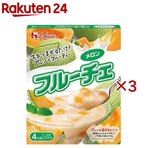 お店TOP＞フード＞製菓材料＞材料キット＞手作りミルクデザート＞ハウス フルーチェ メロン (200g×3セット)【ハウス フルーチェ メロンの商品詳細】●牛乳と混ぜるだけで簡単に作れます。●メロン果肉が入ったフルーティーなおいしさです。●プルンとした他にない食感です。●添加物の甘味料を使用していません。【品名・名称】デザートベース【ハウス フルーチェ メロンの原材料】メロン(中国)、砂糖、果糖ぶどう糖液糖、果糖／ゲル化剤(ペクチン)、PH調整剤、香料、パプリカ色素、(一部にりんごを含む)【栄養成分】製品1人分(50g)エネルギー：47kcal、たんぱく質：0g、脂質：0g、炭水化物：11.8g(糖質：11.27g、食物繊維：0.53g)、食塩相当量：0.20g【アレルギー物質】りんご【保存方法】開封前保存法 冷暗所【注意事項】・まれに小さな種子が入っている場合があります。・この製品は気密性容器に密封し、加熱殺菌していますので、常温で長時間保存できます。・内袋の開封後は1回で使い切ってください。【原産国】日本【ブランド】フルーチェ【発売元、製造元、輸入元又は販売元】ハウス食品※説明文は単品の内容です。リニューアルに伴い、パッケージ・内容等予告なく変更する場合がございます。予めご了承ください。・単品JAN：4902402854327ハウス食品大阪府東大阪市御厨栄町1-5-70120-50-1231広告文責：楽天グループ株式会社電話：050-5577-5043[お菓子/ブランド：フルーチェ/]