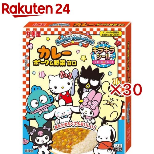 お店TOP＞フード＞カレー＞カレーレトルト＞レトルトカレー(子供用)＞サンリオカレーPY甘口 (145g×30セット)【サンリオカレーPY甘口の商品詳細】●サンリオキャラクターズがカレーになって登場！●お子様でも食べやすいポーク＆野菜の甘口です。【品名・名称】カレー【サンリオカレーPY甘口の原材料】野菜(じゃがいも(国産)、にんじん、コーン)、豚肉、ソテーオニオン、砂糖、小麦粉ルウ、大豆油、カレー粉、食塩、かぼちゃペースト、トマトペースト、酵母エキス、ほうれん草ペースト、デキストリン／増粘剤(加工でん粉)、調味料(アミノ酸)、(一部に小麦・大豆・豚肉を含む)【栄養成分】145gあたりエネルギー：112kcal、たんぱく質：2.8g、脂質：4.6g、炭水化物：15g、食塩相当量：1.9g【アレルギー物質】小麦・大豆・豚肉【保存方法】直射日光を避け、常温で保存してください。【ブランド】丸美屋【発売元、製造元、輸入元又は販売元】丸美屋食品工業※説明文は単品の内容です。リニューアルに伴い、パッケージ・内容等予告なく変更する場合がございます。予めご了承ください。・単品JAN：4902820220681丸美屋食品工業167-8520 東京都杉並区松庵1-15-180120-038-258広告文責：楽天グループ株式会社電話：050-5577-5043[インスタント食品/ブランド：丸美屋/]