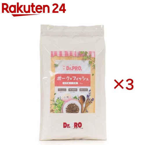 お店TOP＞ペット用品＞犬用食品(フード・おやつ)＞プレミアム・ドッグフード＞プレミアム・ドッグフード全部＞Dr.PRO. ポーク＆フィッシュ オールステージ 犬用 (5kg×3セット)【Dr.PRO. ポーク＆フィッシュ オールステージ 犬用の商品詳細】●日本で暮らす愛犬のためのドッグフード本品は日本で暮らす愛犬のために、おいしい素材をたっぷり使ったドッグフードです。●日本の飼育環境を考えた素材を配合いつまでも愛犬の健康を健やかに保つために、ローストアマニやビール酵母、パパイヤ抽出物を配合しました。●米胚芽大豆発酵抽出物・樹木抽出物が腸内の臭いを吸収しますのでフン臭が軽減されます。【Dr.PRO. ポーク＆フィッシュ オールステージ 犬用の原材料】乾燥ポーク粉、コーン、グルテンミール、甘藷粉末、大豆、動物性油脂、白身魚ミール、ビートパルプ、セルロース、酵母エキス、ビール酵母、パパイヤ抽出物、ローストアマニ、米胚芽大豆発酵抽出物・樹木抽出物、セレン酵母、オリゴ糖、カツオミール、ミネラル類(ナトリウム、塩素、カルシウム、リン、カリウム、亜鉛、鉄、銅、コバルト、マンガン、ヨウ素)、ビタミン類(A、B1、B2、B6、B12、C、D3、E、K3、コリン、ニコチン酸、パントテン酸、葉酸、ビオチン)、酸化防止剤(ミックストコフェロール、ハーブエキス)【栄養成分】粗タンパク質：30.0％以上、粗脂肪：12.0％以上、粗繊維：5.0％以下、粗灰分：10.0以下、水分：10.0％以下、代謝エネルギー：333kcal／100g【原産国】日本【ブランド】Dr.PRO(ドクタープロ)【発売元、製造元、輸入元又は販売元】ニチドウこちらの商品は、ペット用の商品です。※説明文は単品の内容です。リニューアルに伴い、パッケージ・内容等予告なく変更する場合がございます。予めご了承ください。・単品JAN：4975677049255ニチドウ124-0025 東京都葛飾区西新小岩4丁目37番9号03-3694-2710広告文責：楽天グループ株式会社電話：050-5577-5043[犬用品/ブランド：Dr.PRO(ドクタープロ)/]