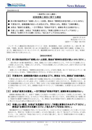 〜独身男女1000 人調査〜結婚意識と婚活に関する調査