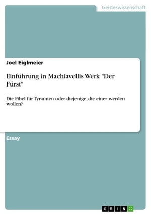 ＜p＞Essay aus dem Jahr 2010 im Fachbereich Philosophie - Philosophie der Neuzeit (ca. 1350-1600), Note: 1,0, Universit?t Hamburg (Philosophisches Seminar), Veranstaltung: Einf?hrung in die politische Philosophie, Sprache: Deutsch, Abstract: Mit 'Der F?rst', erschienen postum im Jahre 1532, legt Machiavelli eine Art Anleitung f?r politische Herrschaftsaus?bung in fast allen erdenklichen Szenarien vor. Er versucht die ?bernahme und Kontrolle f?r verschiedene Staatsformen zu operationalisieren und gibt angehenden oder schon herrschenden F?rsten einen Katalog von Handlungsanweisungen an die Hand um F?rstenh?user und Staaten zusammenzuf?hren oder zu halten. Dieser Essay ist eine einf?hrende Betrachtung der Tugendethik Machiavellis.＜/p＞画面が切り替わりますので、しばらくお待ち下さい。 ※ご購入は、楽天kobo商品ページからお願いします。※切り替わらない場合は、こちら をクリックして下さい。 ※このページからは注文できません。