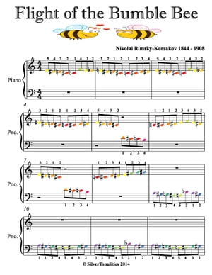 Flight of the Bumble Bee Beginner Piano Sheet Music with Colored Notes