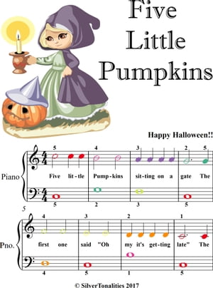 Five Little Pumpkins Easiest Piano Sheet Music with Colored Notes