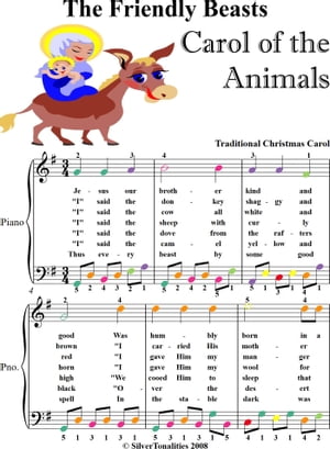 The Friendly Beasts Carol of the Animals Easy Piano Sheet Music with Colored Notes