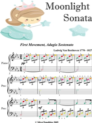 Moonlight Sonata 1st Mvt Easy Elementary Piano Sheet Music with Colored Notes