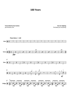 Five for Fighting - 100 Years: Drum Sheet Music