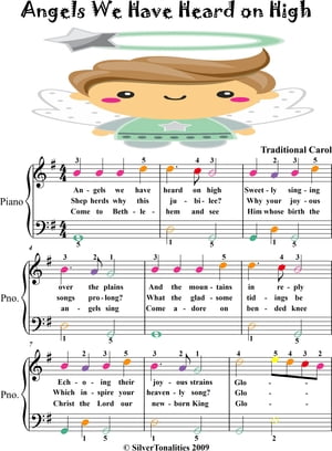 Angels We Have Heard On High Easiest PIano Sheet Music with Colored Notes