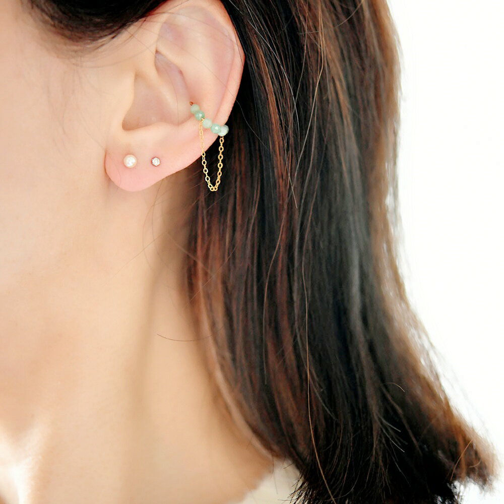 痛くない グラデーションエメラルドのイヤーカフ 5月誕生石 片耳用 14kgf ハンドメイド オーダー可 RALULU.SHU