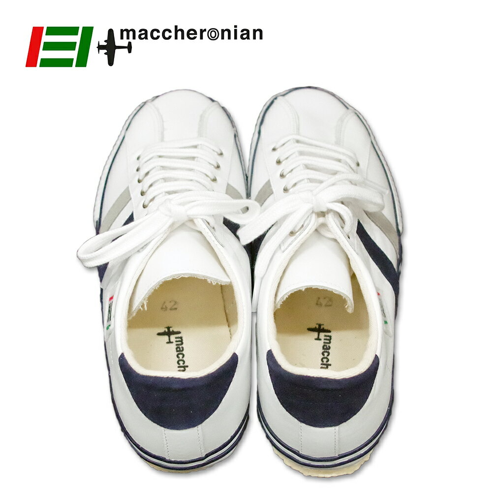 ポイント10倍【MACCHERONIAN マカロニアン】ローカットレザースニーカー (2215L) ホワイト/グレー/ネイビー 正規品 ハンドメイドスニーカー メンズシューズ 靴 紳士靴
