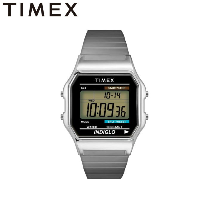 ITEM DETAILS レトロでシンプルなデザインは、合わせるファッションを選びません。クロノグラフ、アラーム、インディグロナイトライトを装備しており、タイメックスらしく機能的にも優れた一本です。ゴムのように伸び縮みするメタルエクスパンションベルトを採用しています。手首の太い方、細い方を問わず装着頂けます。 特徴 - インディグロナイトライト - クロノグラフ - アラーム - タイマー - 月/日付/曜日表示 - デジタル - 3気圧防水 スペック - ラグ幅：18mm - ケースの厚み：10mm - ケース幅：34mm - バンドカラー：シルバー - バンド素材：ステンレス ブレスレット - バンドタイプ：エクスパンションバンド - ケースカラー：シルバー - ケースフィニッシュ：ポリッシュド - ケース素材：レジン - ダイアルカラー：デジタル - 風防：アクリル ■当店でのご注文確定は、当店が定めるお買い物ガイド(下記含む)を理解し、同意したものとしてみなします。 ※実店舗を含め、複数の店舗と在庫を共有しており、ご注文後に在庫切れが発生する場合がございます。その際はメールにてご案内致します。事前にドメイン:shop.rakuten.co.jpをご登録ください。 ※店頭陳列在庫での販売の可能性があります。 ※メーカー画像を使用しておりますが、予告なく仕様やパッケージが変更される場合があります。 ※商品画像のカラーにつきましては、観覧される端末等の設定・環境によって実物と多少異なる場合があります。