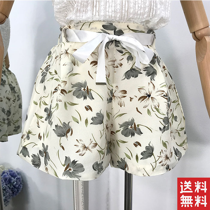 短パン 花柄短パン レディース リボン 薄手 裏地あり ショートパンツ 花柄ボトムス パンツ 短パン